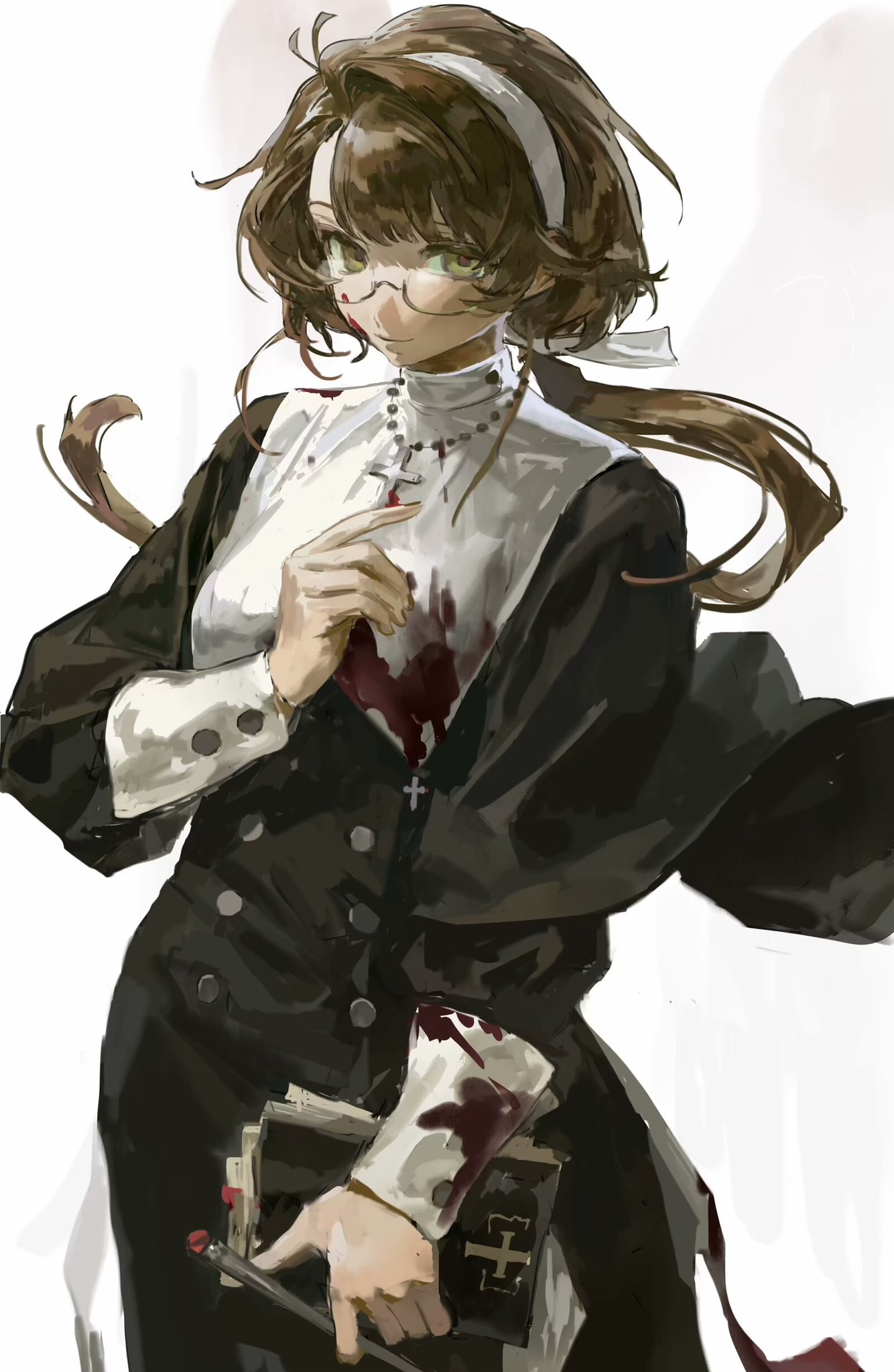 a young anime girl dressed as a nun stands with a bloody book in her hand. her expression is serious and her eyes are dark. the background is blurred and white.  the image is creepy and suggestive of something evil or sinister.