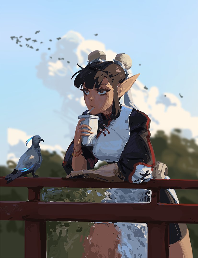 the digital painting depicts a young female elflike character with short dark hair styled in buns, wearing a maid outfit consisting of a white dress and dark apron. she's seated on a wooden fence or bridge railing, holding a disposable cup and appears to be enjoying a drink while observing a blue pigeon perched nearby. the background features a cloudy sky with a flock of birds flying, and green trees hinting at a parklike setting. the art style is painterly and loose, with visible brushstrokes, giving it a whimsical and relaxed feel. the overall mood is peaceful and contemplative.