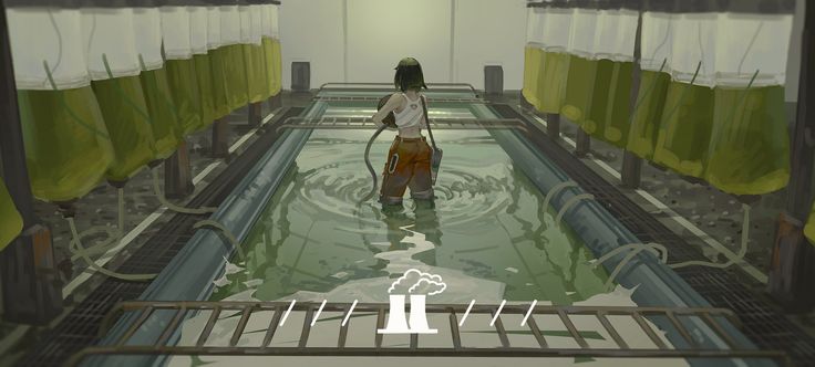 the image is a digital painting or illustration depicting a woman in what appears to be an industrial or postapocalyptic setting. she stands in a long, shallow water tank filled with a murky green liquid.  rows of transparent bags or tubes containing a similar green substance line the tank on either side, suggesting some form of algae cultivation or industrial processing.  the overall atmosphere is one of quiet solitude and potentially environmental concern, implied by the subtle imagery suggesting a connection to a nuclear power plant (represented by the symbol overlaid on the image).  the woman's attire and the overall aesthetic combine elements of futuristic and dystopian design. the style is painterly, with a slightly muted color palette.