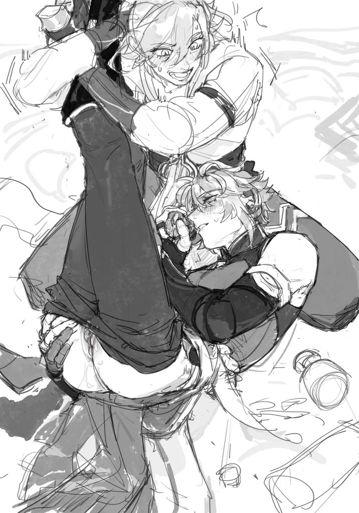 a black and white manga style drawing of two anime boys, one is holding the other upside down by their legs and laughing.  the boy on the bottom is smiling with a joyful expression. the boy on top is holding the boy on the bottom by the legs and looking down at them.  this is a drawing of two friends having fun and enjoying each other's company.