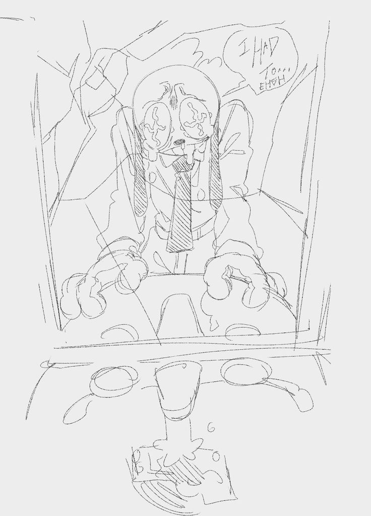 a hand drawn sketch of an anime character in the middle of a drawing, sad with tears coming down its face. the character has its hands on the steering wheel of a car.  the character is looking downwards with its eyes closed.  there's a speech bubble above the character saying 'i had to...ugh'.  there's a lot of detail in the character's body and face. the character is drawn in a very expressive style.  the background of the drawing is very simple, consisting of a couple of lines to give the impression of a car.