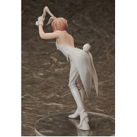 loseup view of an anime figurine of a girl dressed in a white bunny girl costume. the figurine is posed in a dynamic stance, with one leg slightly bent and the other extended. she's wearing white boots and has rabbit ears on her head. the background is a mottled brown surface.  the figurine is displayed on a circular base. the overall style is cute and suggestive.