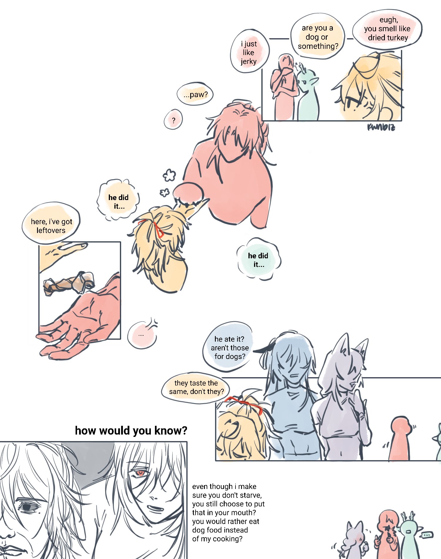 a comic about a group of humanoids having a conversation about a dog eating food. they are debating whether the food is meant for dogs or not, and what the dog would prefer to eat. the characters are drawn in a cartoon style, with expressive faces and exaggerated features. the speech bubbles contain dialogue that is both funny and engaging. the overall tone of the comic is lighthearted and humorous.