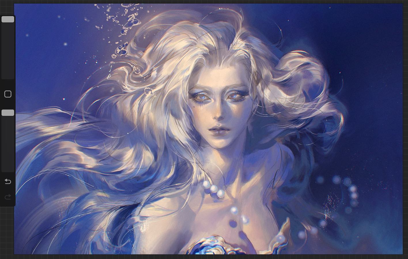 a beautiful woman with long white hair and blue eyes gazes out from the depths of the ocean. she is adorned with a pearl necklace and surrounded by shimmering water. the overall impression is one of ethereal beauty and wonder. the image is rendered in a soft and delicate style, creating a dreamy and romantic atmosphere.