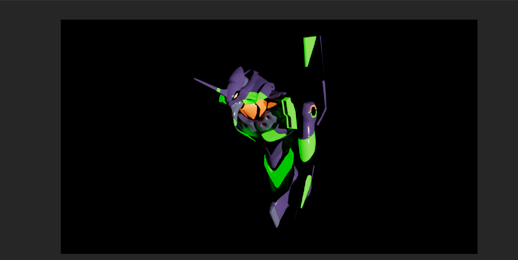 a 3d render of the eva01 robot from neon genesis evangelion. the figure is posed in a dynamic stance, with its arms extended and its head tilted forward. the robot is rendered in a dark purple and green color scheme, with a neon green glow emanating from its eyes. the background is a black void.