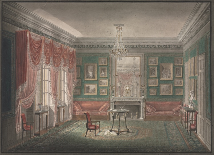 the image depicts an elaborate and ornate parlor. the room is decorated with green walls, a redtoned sofa and curtains, and a large patterned green rug. there is a fireplace with a mirror above it, flanked by various framed paintings. a crystal chandelier hangs from the ceiling. furniture includes sofas, chairs, and small tables. the room is illuminated by sunlight coming through the windows.