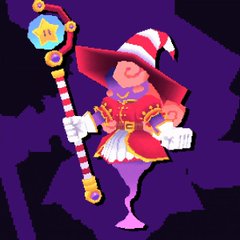 the image shows a pixel art rendition of a boo, a ghost enemy from the super mario franchise, dressed as a wizard or sorcerer. the boo is predominantly white with a red and white hat and a matching red and white robe. it holds a staff topped with a yellow star encased in a blue sphere. the background is a deep purple, and the overall style is reminiscent of classic video game graphics.