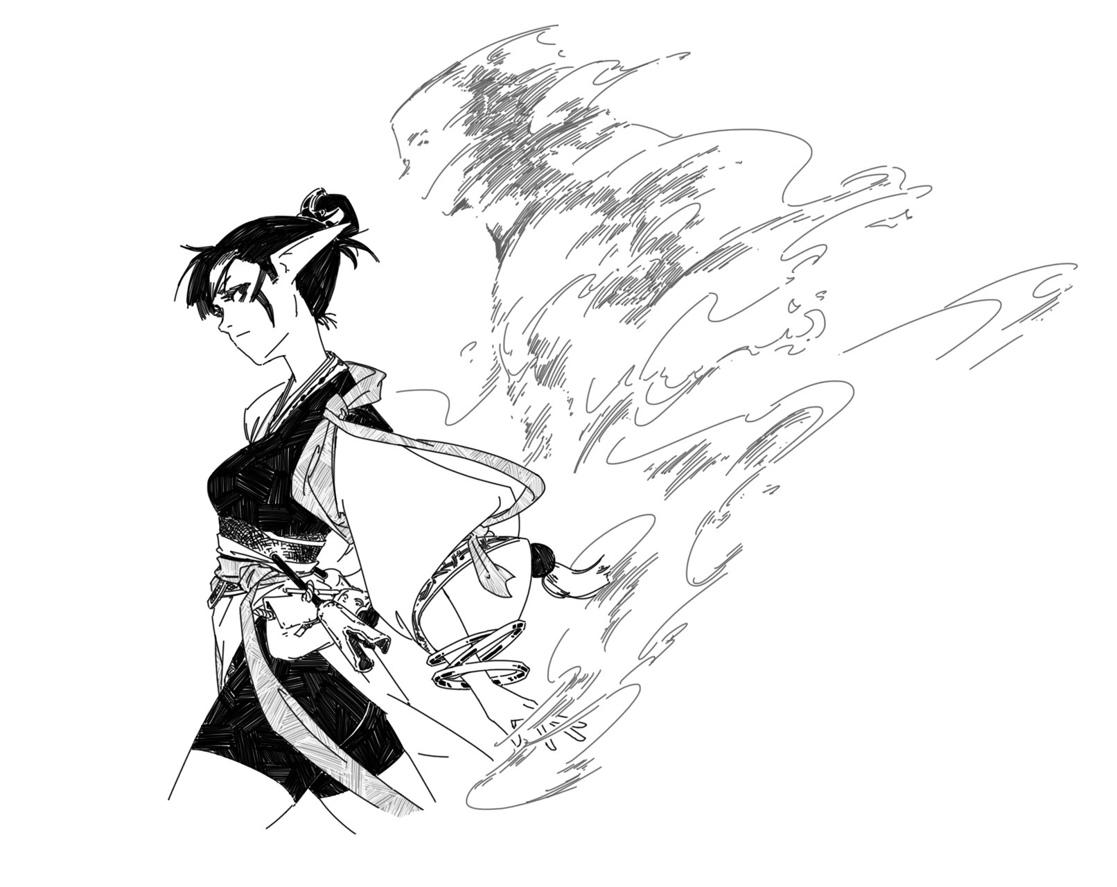 the image is a stylized black and white drawing of a female elflike character. she has pointed ears, a topknot hairstyle, and is wearing a flowing robe or kimonostyle outfit.  the character has a somewhat serious or pensive expression. behind her is a dynamic depiction of swirling energy or wind, suggesting movement and perhaps magical ability. the art style is reminiscent of anime or manga, with expressive lines and shading that convey both form and motion. the overall feeling is one of fantasy and grace.