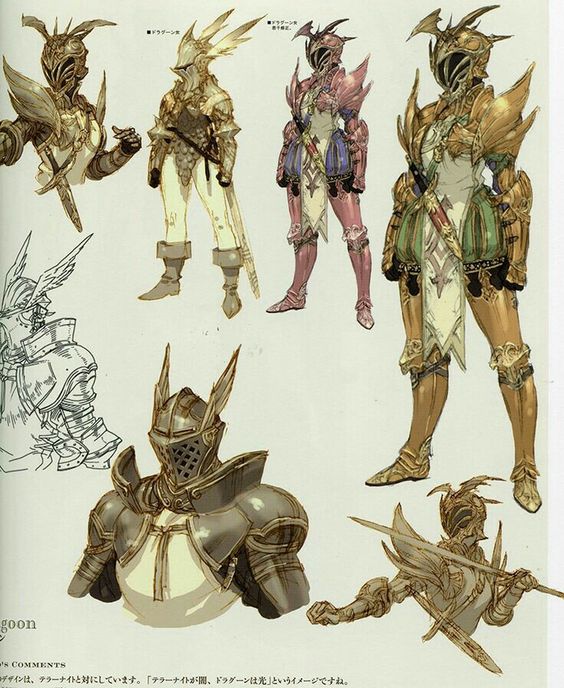 this image shows concept art for a video game, possibly final fantasy, focusing on different variations of dragoon armor. the artwork features several sketches and drawings of knights in various armor sets, showcasing different color palettes, styles and levels of detail. some designs include winged helmets and other embellishments, indicating a fantasy setting. the sketches appear to be preliminary design work, with some being more refined than others.  text in japanese is present, likely notes from the artist about design choices. the style is a blend of realism and fantasy, and the overall presentation is reminiscent of official game artwork.