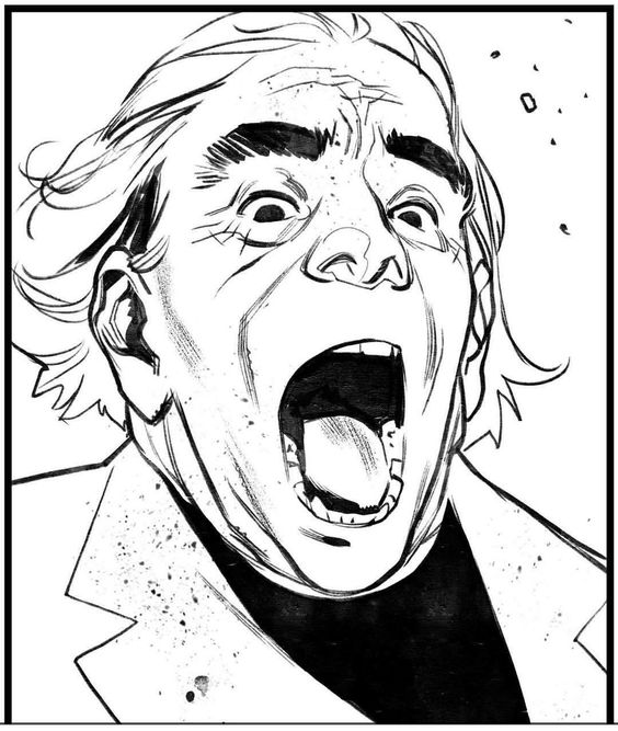 a closeup drawing of a man with white hair screaming. he looks angry, his mouth is open, and his eyes are wide. the art style is black and white, which gives the image a comic book feel. the image appears to be a panel from a comic book.