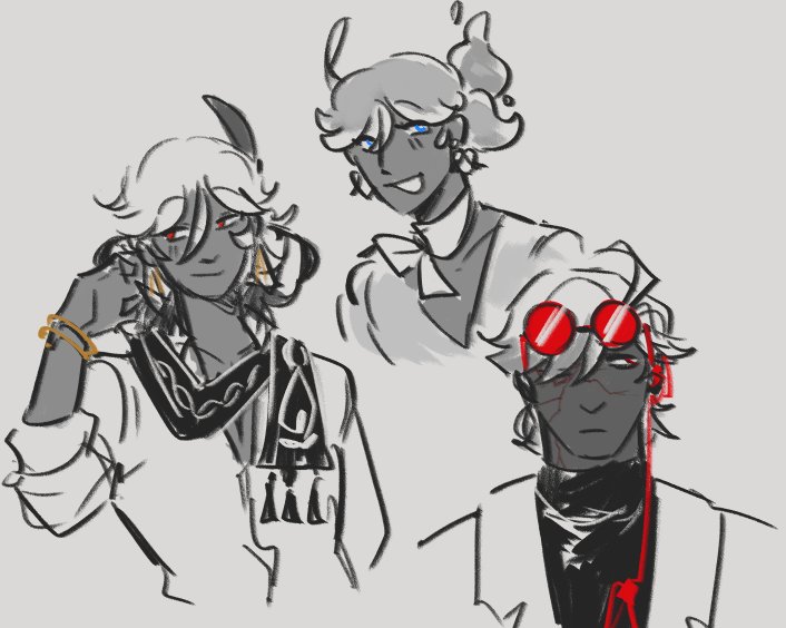 this is an animestyle sketch of three men. two of the men have white hair, one has black hair. one of the men with white hair has red eyes and is wearing a black shirt with a scarf and black headphones. the other man with white hair has blue eyes and is wearing a white shirt and a bow. the man with black hair has red eyes and is wearing a white shirt with a black shirt underneath and red goggles.  the drawing is done in black and white with some red accents.