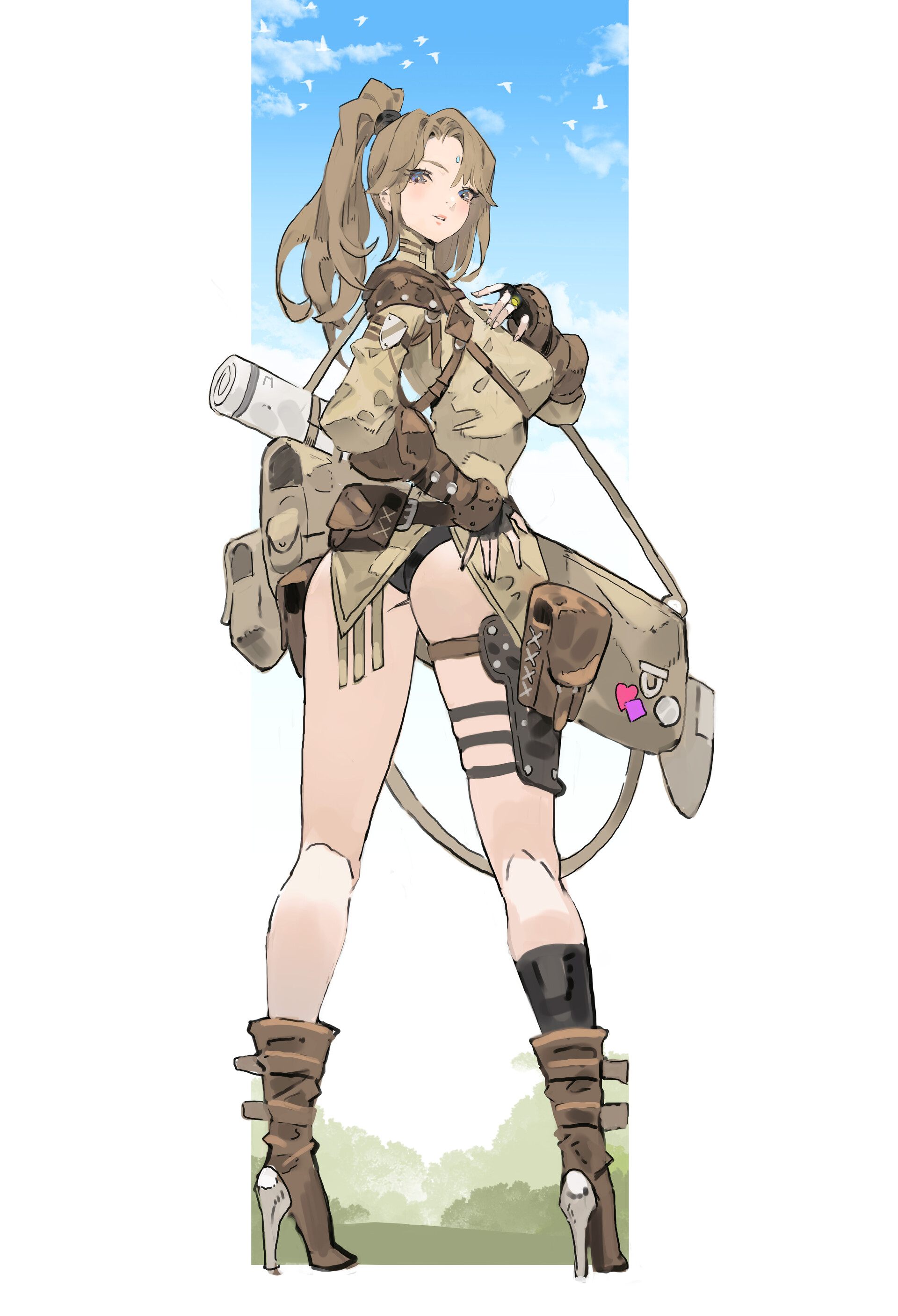 a fullbody animestyle illustration of a female adventurer. she has brown hair styled in a high ponytail, and wears tan/khaki colored clothing including a top, short shorts, pouches and holsters. she carries a messenger bag over her shoulder, and wears tall brown boots with high heels. the background shows a blue sky and some green ground cover.