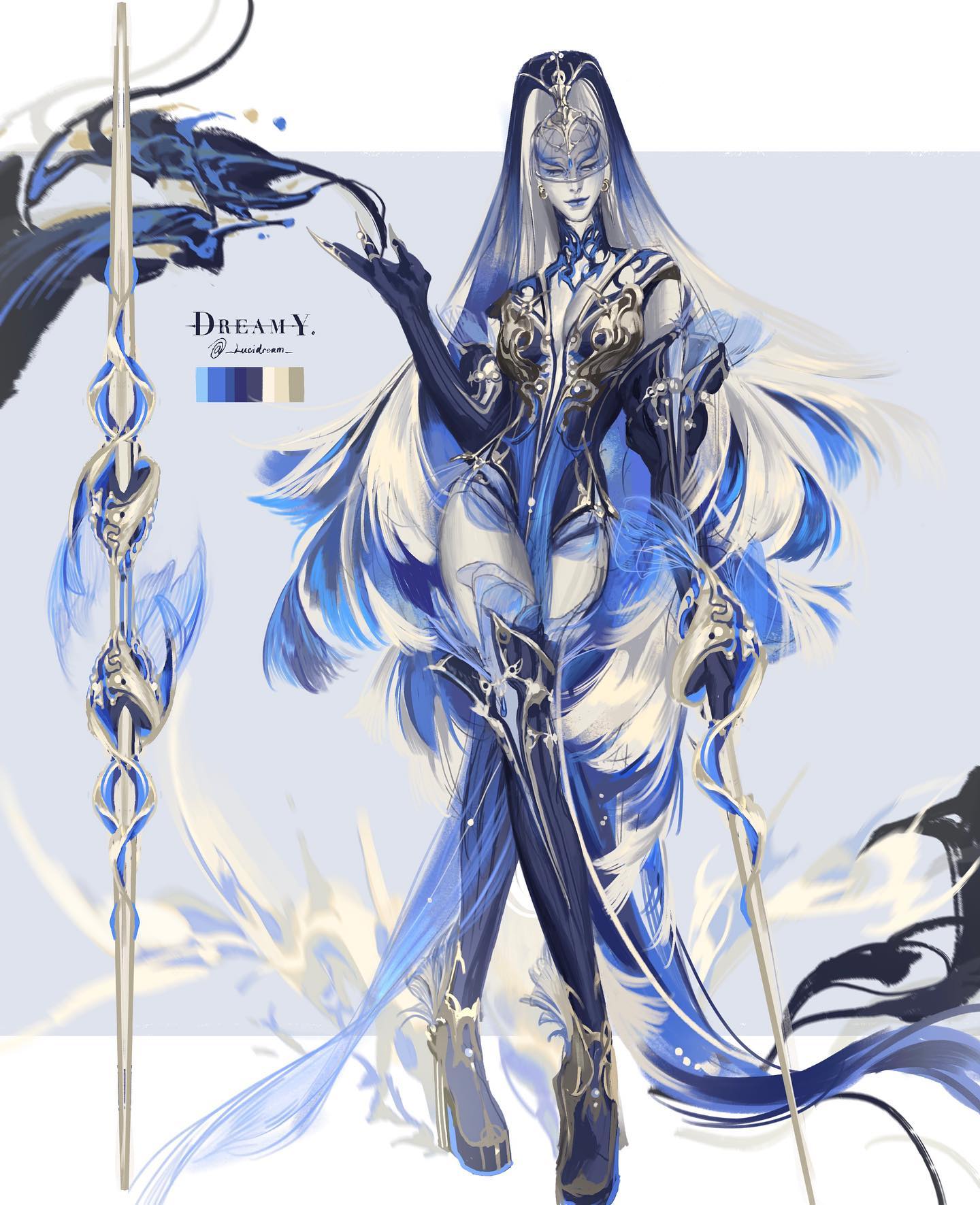 this is a digital art illustration of a female character with long blue hair, wearing a beautiful blue and gold outfit. she has a mask over her eyes and is holding a staff. the background is a light blue and white. the character is in a fantasy setting and looks elegant and stylish.