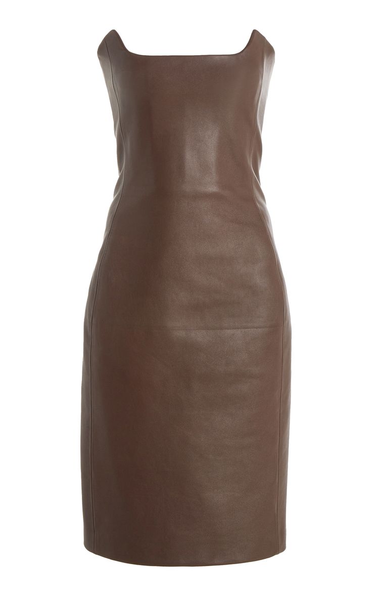 a brown leather strapless dress with a fitted silhouette and a midi length. the dress has a simple and sleek design, with no embellishments or details. it would be perfect for a special occasion or evening out.