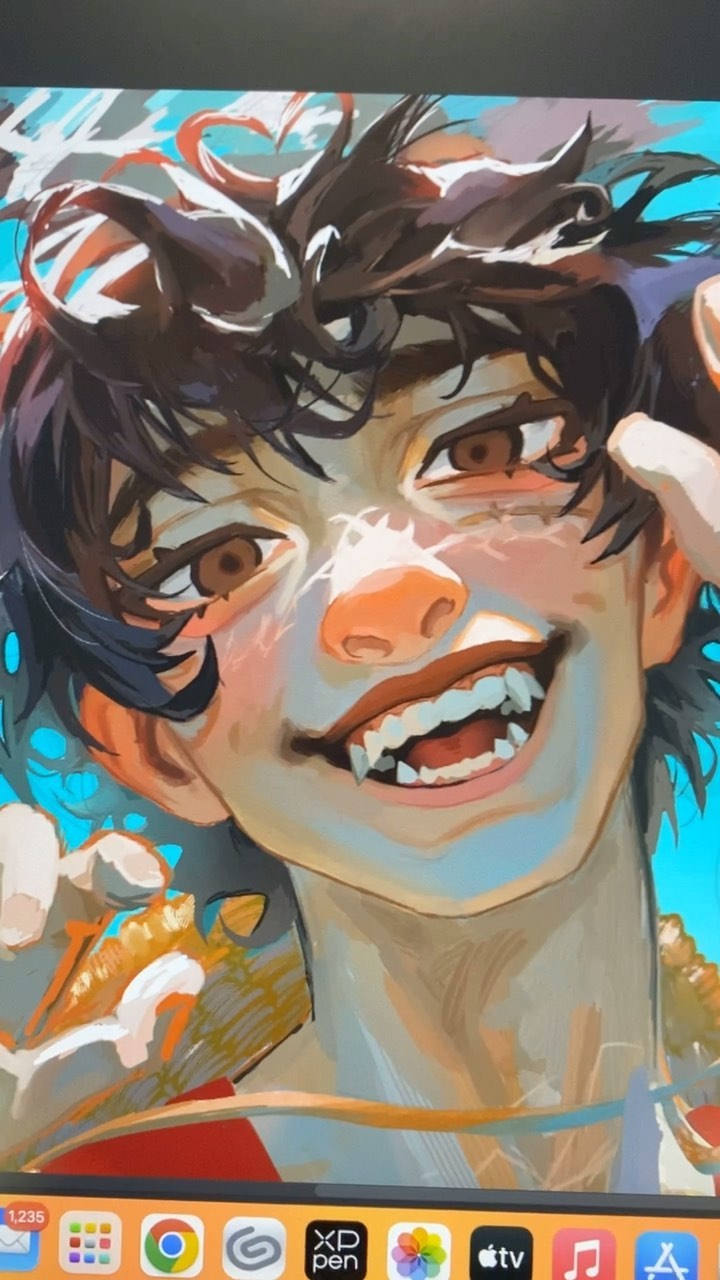 the image is a digital painting showcasing a closeup portrait of a young animestyle male character.  he has dark, stylized hair, large expressive eyes, and a wide grin revealing prominent fangs. his skin tone is light with hints of blush and highlights, and his features are slightly exaggerated and cartoonish, in line with anime and manga artistic styles. the color palette is vibrant, with shades of orange, blue, and brown dominating. the background is a blurry wash of turquoise and suggests a dynamic, possibly actionoriented scene. the overall style leans towards a more painterly, less polished digital look, with visible brushstrokes.  the image is displayed on a digital device, with application icons visible at the bottom.