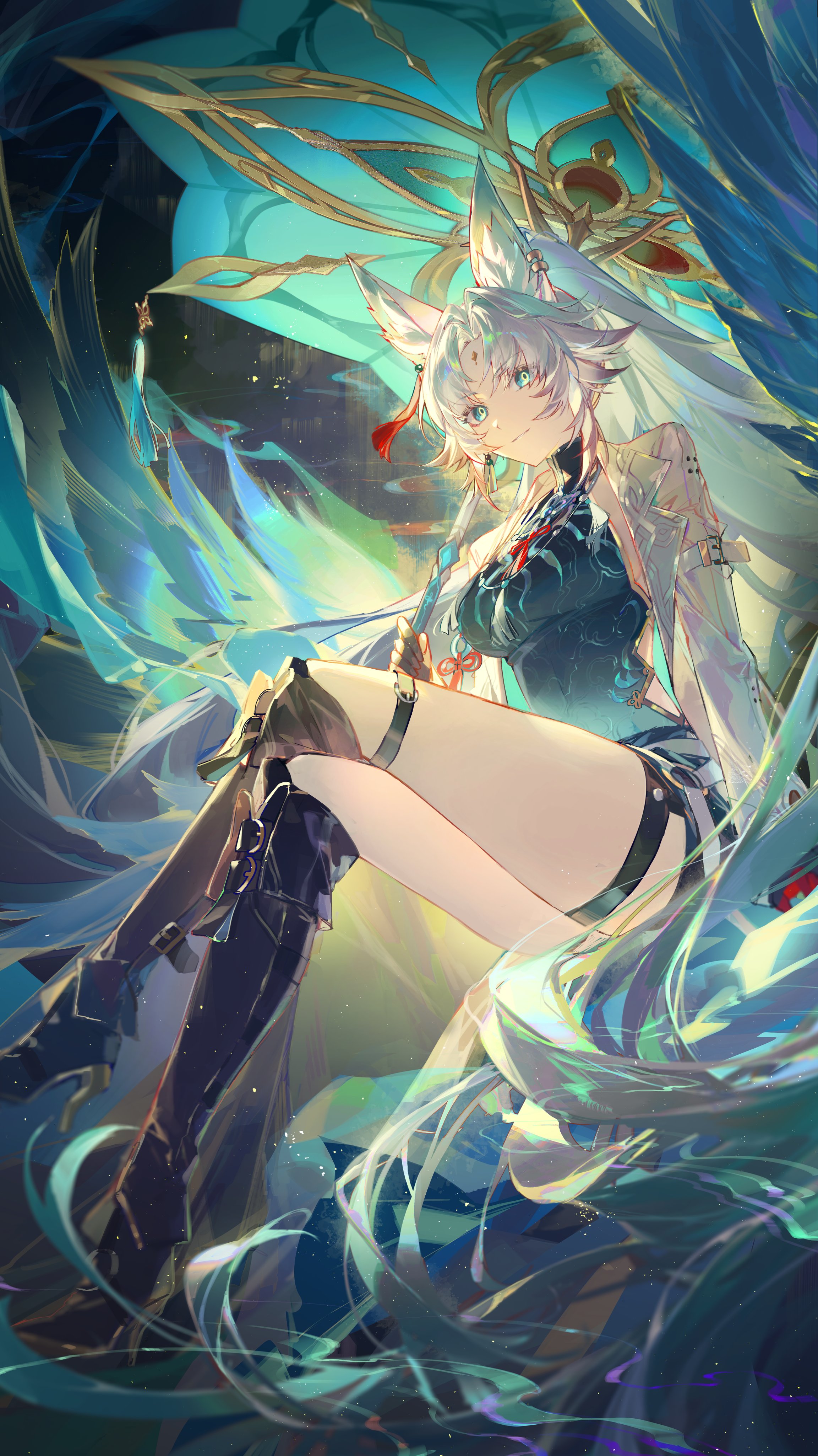 the image is a vibrant digital painting or illustration of an animestyle female character. she possesses striking features including long, flowing white hair with fox ears, and wears an elaborate outfit that blends traditional japanese kimono elements with more modern fantasy elements. the color palette is dominated by teal, turquoise, and gold, creating an ethereal and magical atmosphere.  she is seated, showcasing her long legs, and holds what appears to be a parasol or ornate weapon. the background is a swirl of vibrant, flowing colors, enhancing the dreamy and magical quality of the overall artwork.  the style is highly detailed and expressive, with a focus on light and shadow to create depth and volume.