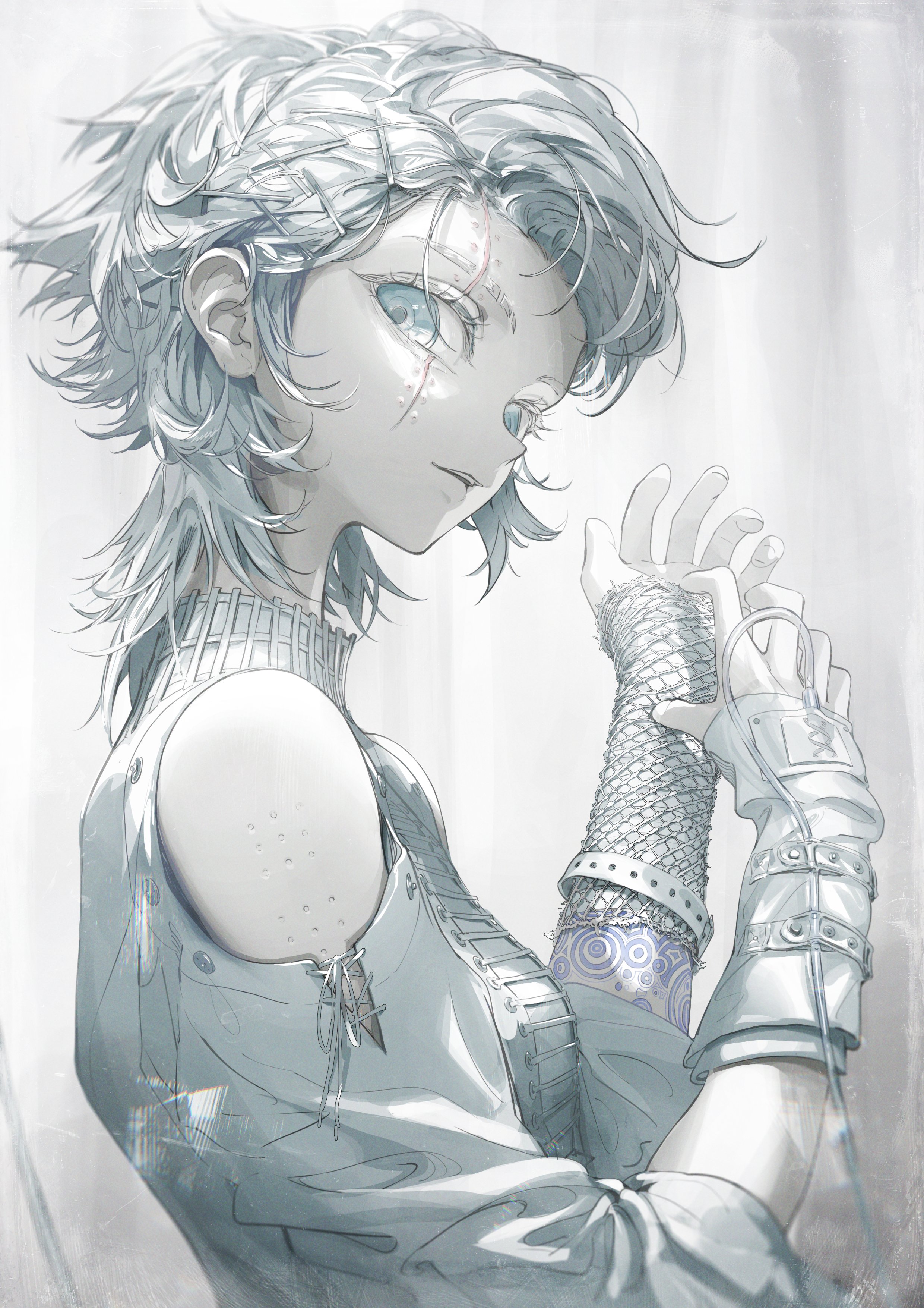 a digital art drawing of a young, whitehaired anime girl, looking down to the right with blue eyes and a scar on her face. the girl is wearing  gloves with intricate designs and has a tattoo on her wrist. the drawing is in a simple white background with a few lines suggesting shadows. the girl's expression is thoughtful and melancholic.