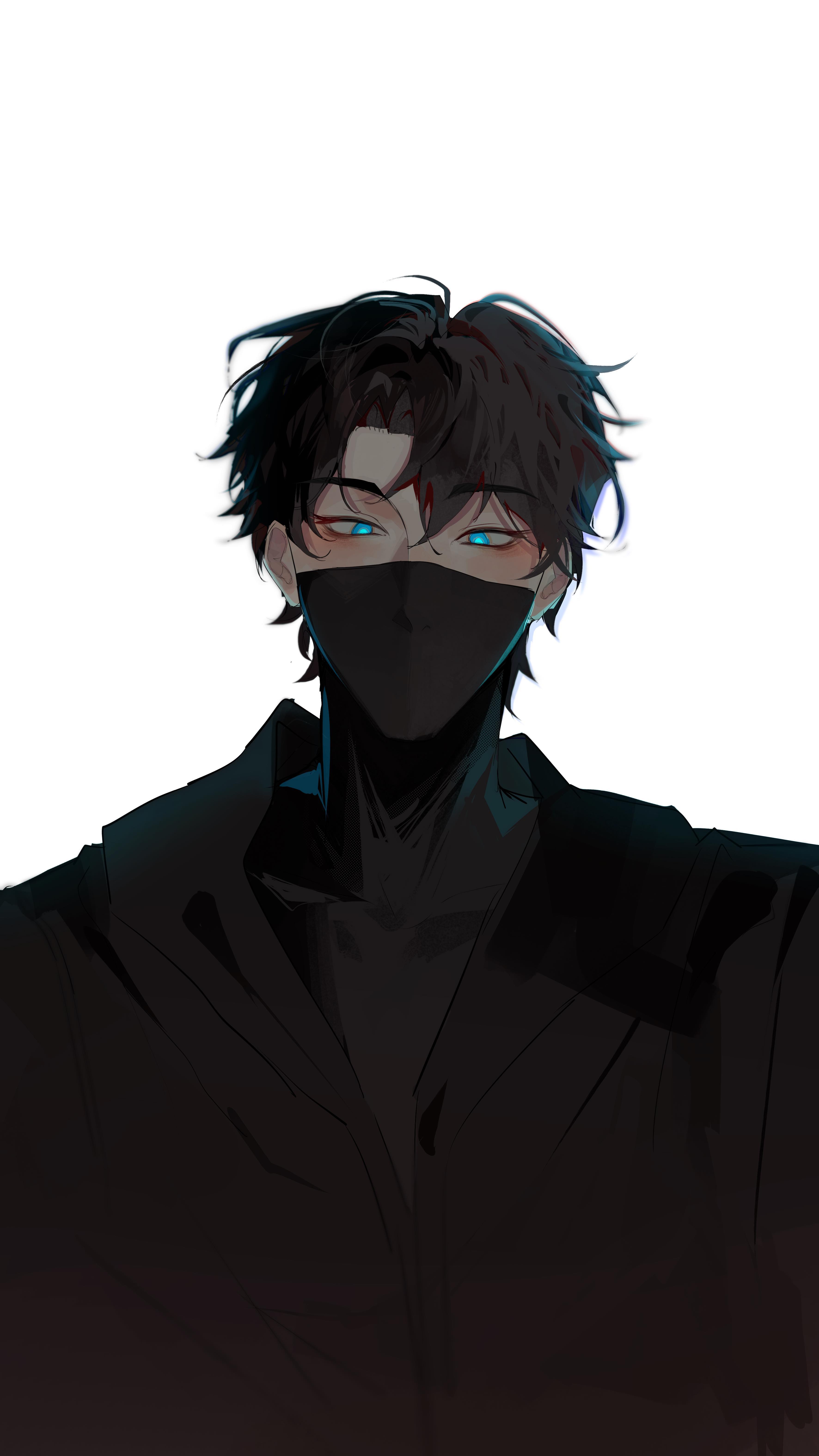 the image is a digital illustration of an animestyle male character. he has dark, slightly messy hair, piercing blue eyes, and is wearing a black mask that covers the lower half of his face.  he's dressed in a dark, hooded jacket or coat that casts shadows, adding to his mysterious appearance. the art style is stylized and graphic, typical of digital anime or manga.  the overall mood is dark and serious, possibly suggesting a character with a hidden identity or a secretive nature. the background is plain white, which focuses all attention on the character.