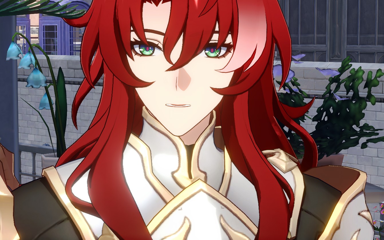 a closeup portrait of kaeya from genshin impact. he is standing in front of a brick wall with flowers and a tree in the background. he is wearing his standard outfit, which includes a white shirt with a golden collar and armor. his red hair falls down his shoulders and he has green eyes. kaeya looks confident and serious.