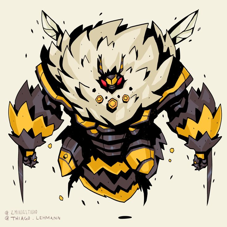 the image is a digital illustration of a large, robotic beelike creature. the character design is stylized and cartoonish, with exaggerated features.  it is predominantly yellow and black, with a large, fluffy, lightbeige mane or fur surrounding its head.  the robot has sharp, pointed elements on its arms and legs, suggesting weaponry.  the creature appears powerful and aggressive.  a watermark with “2minds studio” and “thiago lehmann” is visible in the bottom left corner.  the background is a plain, light beige color.  the style is reminiscent of video game character art or concept art.