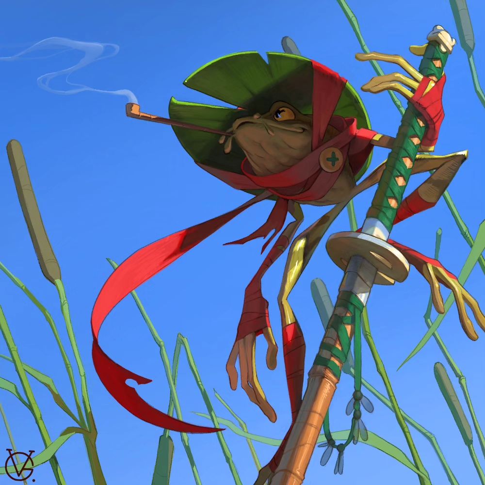 the image is a vibrant digital illustration of an anthropomorphic frog dressed as a samurai. the frog wears a widebrimmed green hat, a red ninjastyle wrap, and red wristbands. it holds a katana (japanese sword)  and is smoking a pipe. the frog's expression is calm and serene.  the backdrop features tall grasses or reeds against a clear blue sky, creating a peaceful, natural setting. the art style leans toward a blend of cartoon and anime influences, with a whimsical and fantastical feel. the overall mood is relaxed yet suggests a sense of quiet strength and wisdom from the frog warrior.