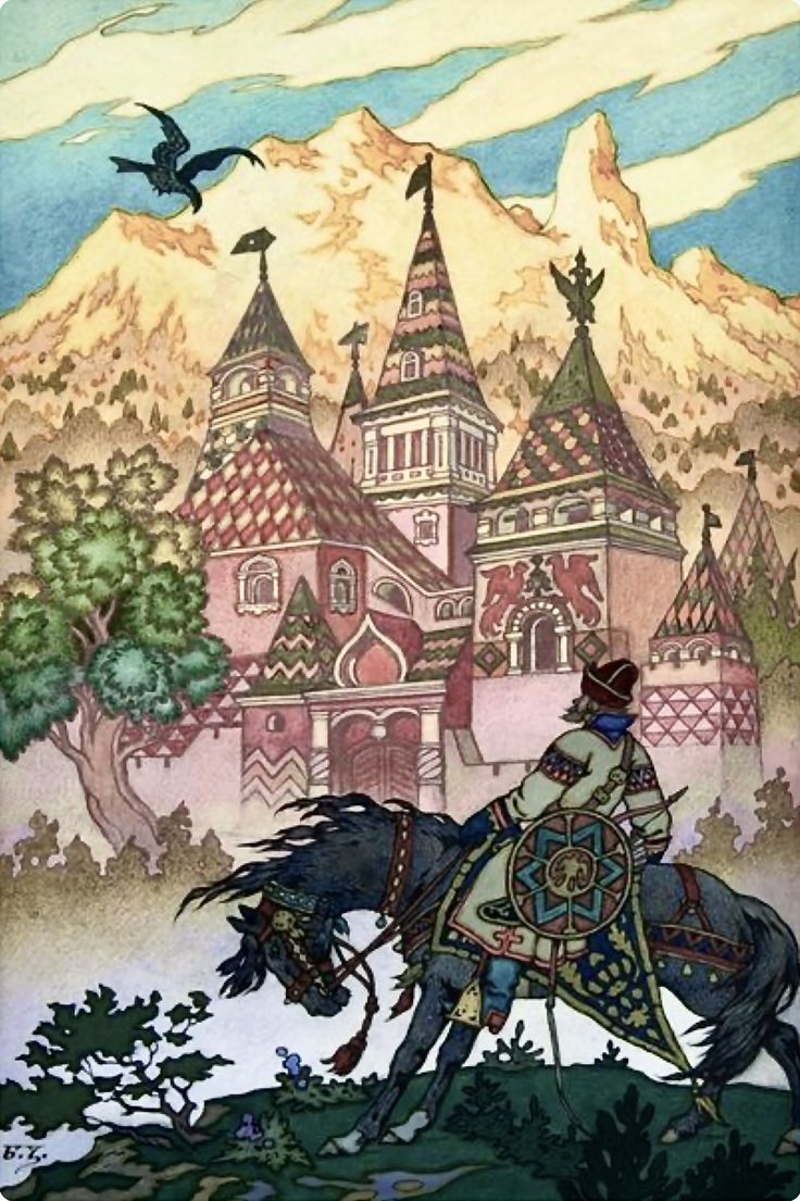 the image is a vibrant, richly detailed illustration, likely in the style of ivan bilibin, depicting a scene from a russian fairytale.  a knight or prince, ivan tsarevich possibly, rides a dark horse towards a large, ornate castle situated in a mountainous landscape. the castle features traditional russian architecture with intricate, colorful designs and multiple towers.  a dark bird, possibly a raven or crow, flies overhead. the style is characteristically folkloric, with strong colors and decorative elements. the scene conveys a sense of fantasy and adventure, typical of russian fairytales.  the artwork seems to be a watercolor or similar painting technique.