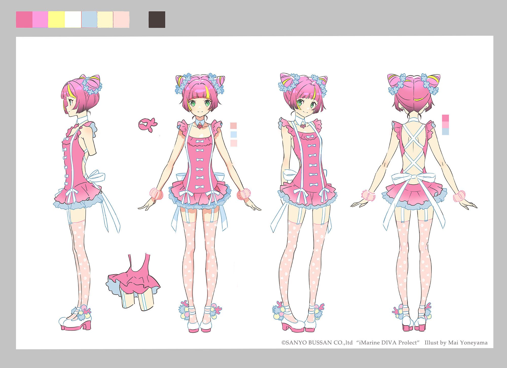 a character sheet for a female anime character. she has pink hair, green eyes, and is wearing a pink and white maid outfit with cat ears. the character sheet includes front, side, and back views of the character, as well as closeups of her outfit.