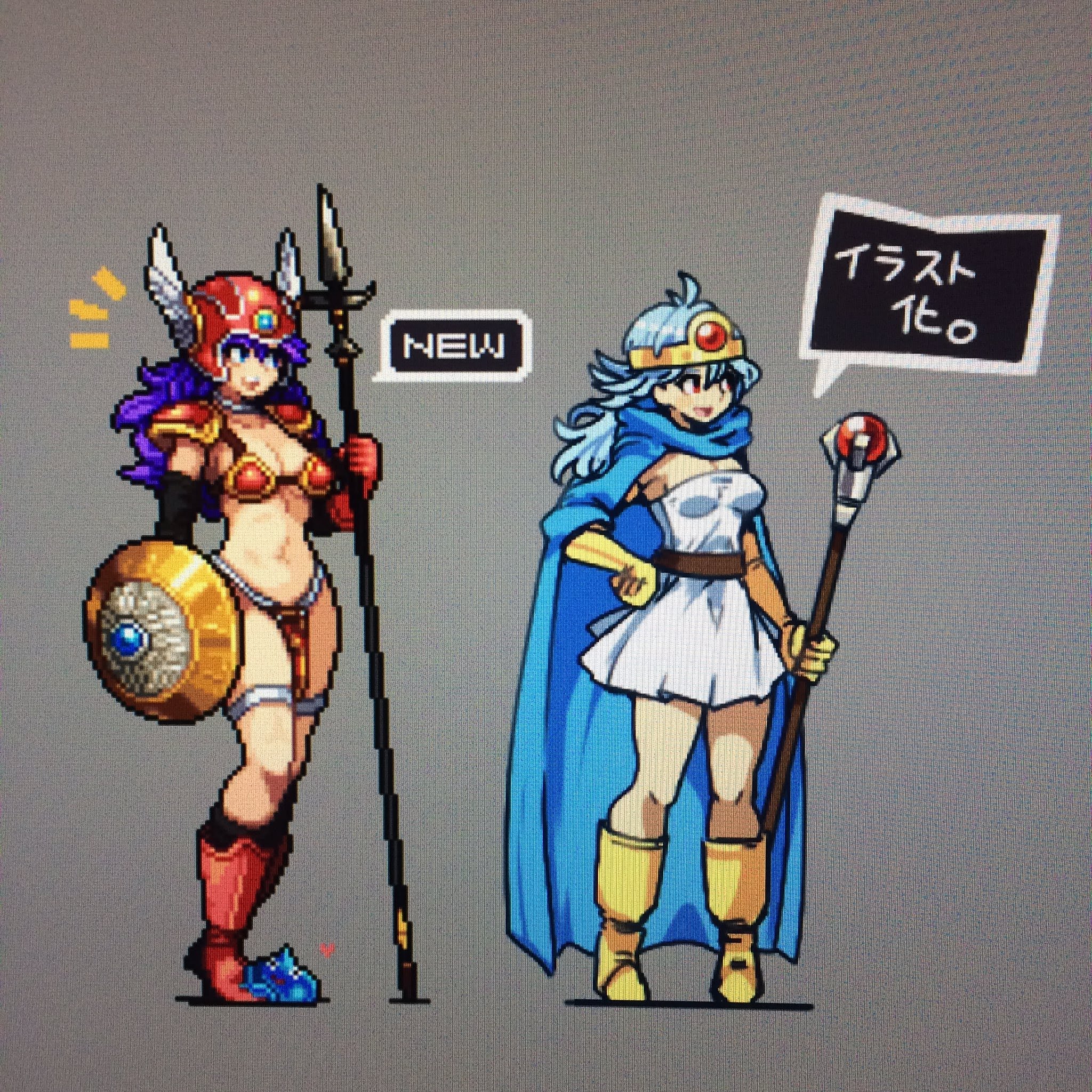 two video game characters are depicted in pixel art style. the one on the left is a female warrior wielding a sword and a shield, wearing red armor and a helmet. the one on the right is a female mage, holding a staff and wearing a blue cape and a white dress with a crown. both characters are standing on a gray background. there is a speech bubble on the right that says "test 1" and another one on the left that says "new".