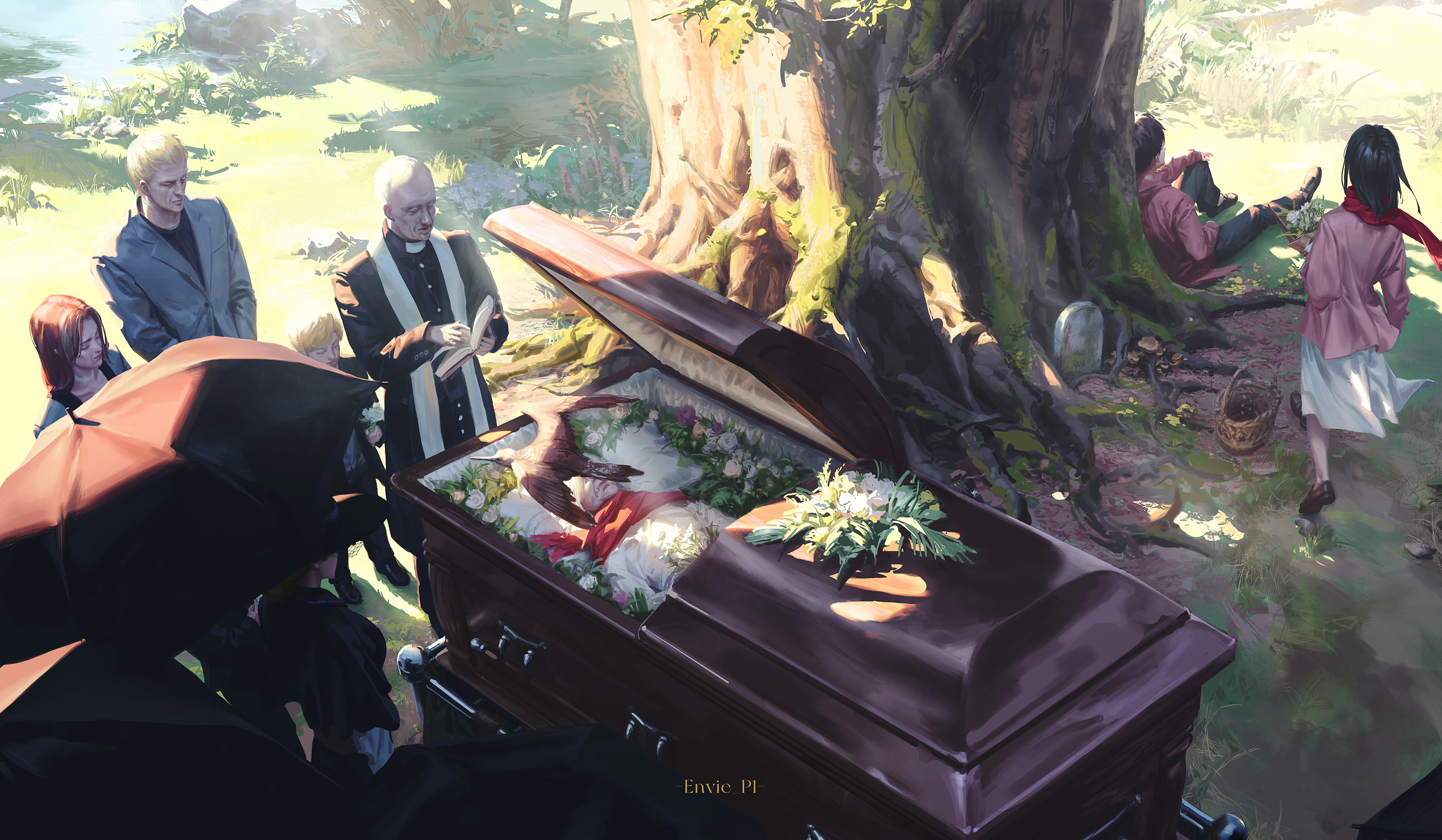 the image shows a funeral taking place in a cemetery. an open coffin with flowers and a bird inside is surrounded by mourners including a priest who is reading from a book. an umbrella is held over some of the attendees. in the background, a large tree stands next to a tombstone, and two figures are seated beneath its branches. a young woman walks away from the group towards the tree. the scene is bathed in sunlight, suggesting a peaceful yet somber atmosphere.