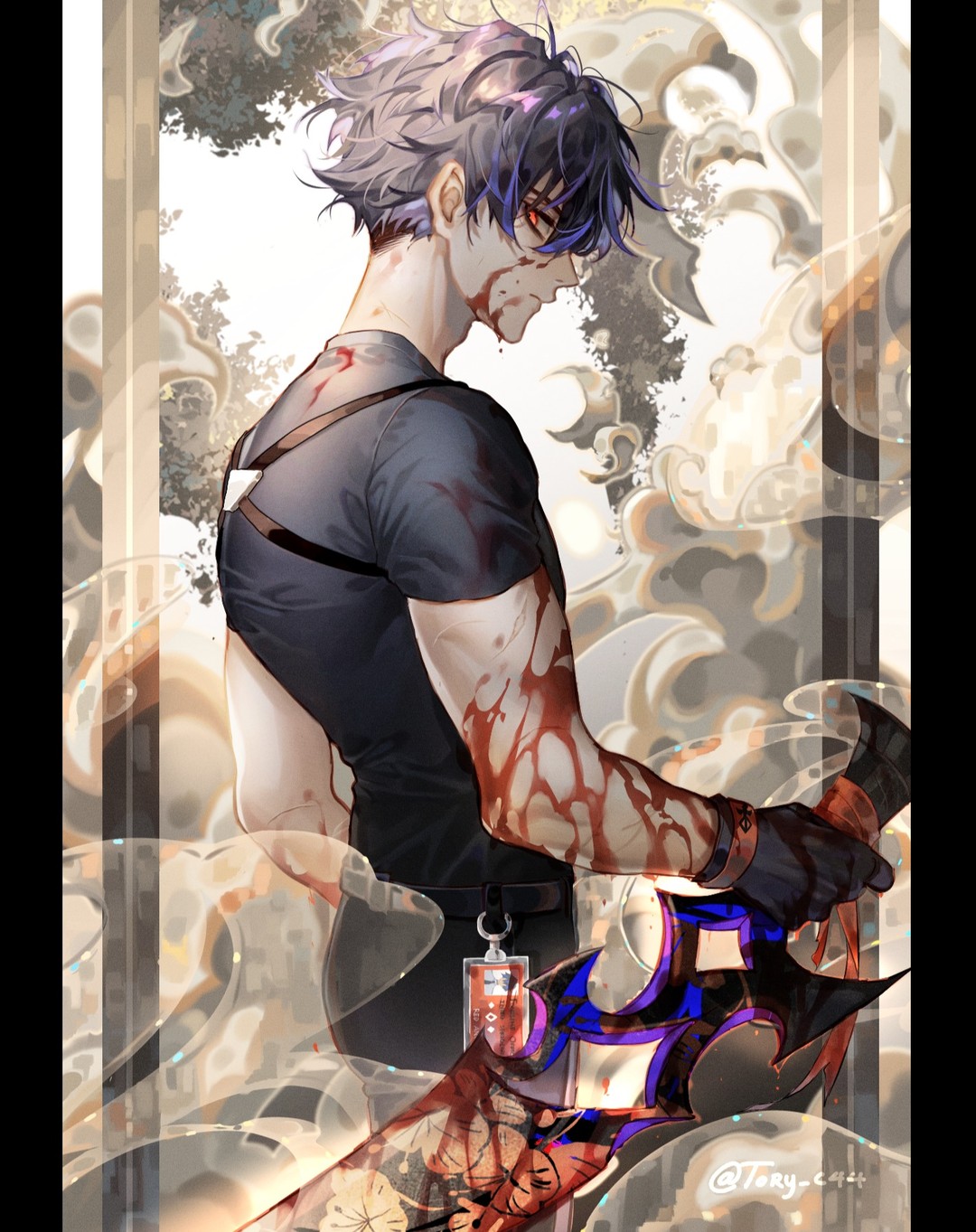 the image is an illustration of an anime character, a man with blue hair and blue eyes, wearing a black shirt, black pants, and a belt with a holster. he has a bloody arm and is holding a large sword with a blue blade and black handle. he's standing against a background of smoke and clouds. he looks serious and intense.
