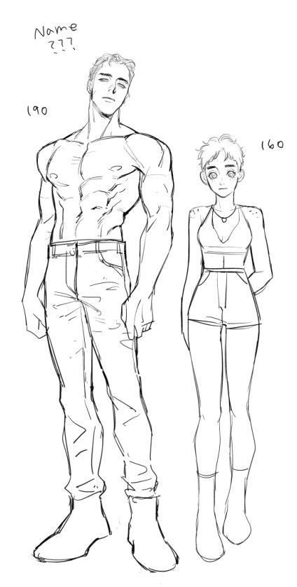 he image contains a sketch of a male and female character. the male character is taller, muscular, and is wearing jeans and boots. the female character is shorter, wearing a crop top and shorts with socks and boots.  the heights of 190cm and 160cm are indicated next to the characters respectively. the style is reminiscent of anime or manga. the sketch is done in pencil, and is in grayscale. the drawing appears to be a body study focused on proportions and poses.