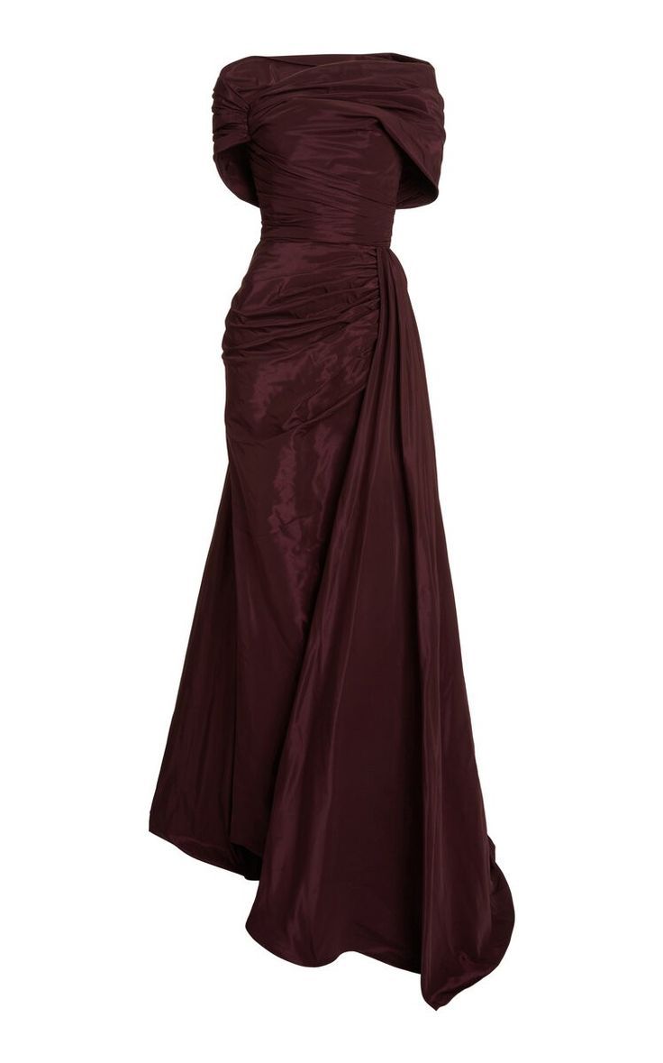 a maroon, offtheshoulder evening gown with a draped bodice and a long, flowing skirt.