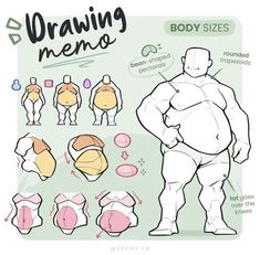 a digital illustration provides a guide for drawing different body types, focusing on heavier male figures. the reference sheet breaks down body shapes using simplified forms like beans and rounded shapes for the pectoral and abdominal regions. it showcases various poses and angles, highlighting how fat distribution affects the body's silhouette.  the style is cartoonlike and friendly, making it accessible for learning.