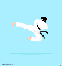 a man in a white karate uniform with a black belt is shown doing a jump kick against a blue background. the image is a minimalist vector illustration with a flat lighting style and a side view perspective.