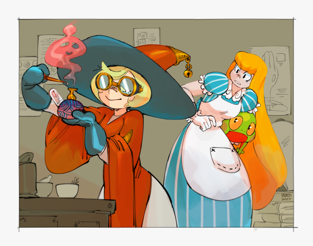 the illustration is of two cartoon girls, one is a witch with a large hat and glasses, she is holding a potion and looks to be brewing something. the other girl is dressed in a blue and white dress and has a frog on her hip. they are both standing and looking at each other. the scene is set in a room with a table, there are potions and beakers on the table as well. the overall tone of the image is playful and whimsical.