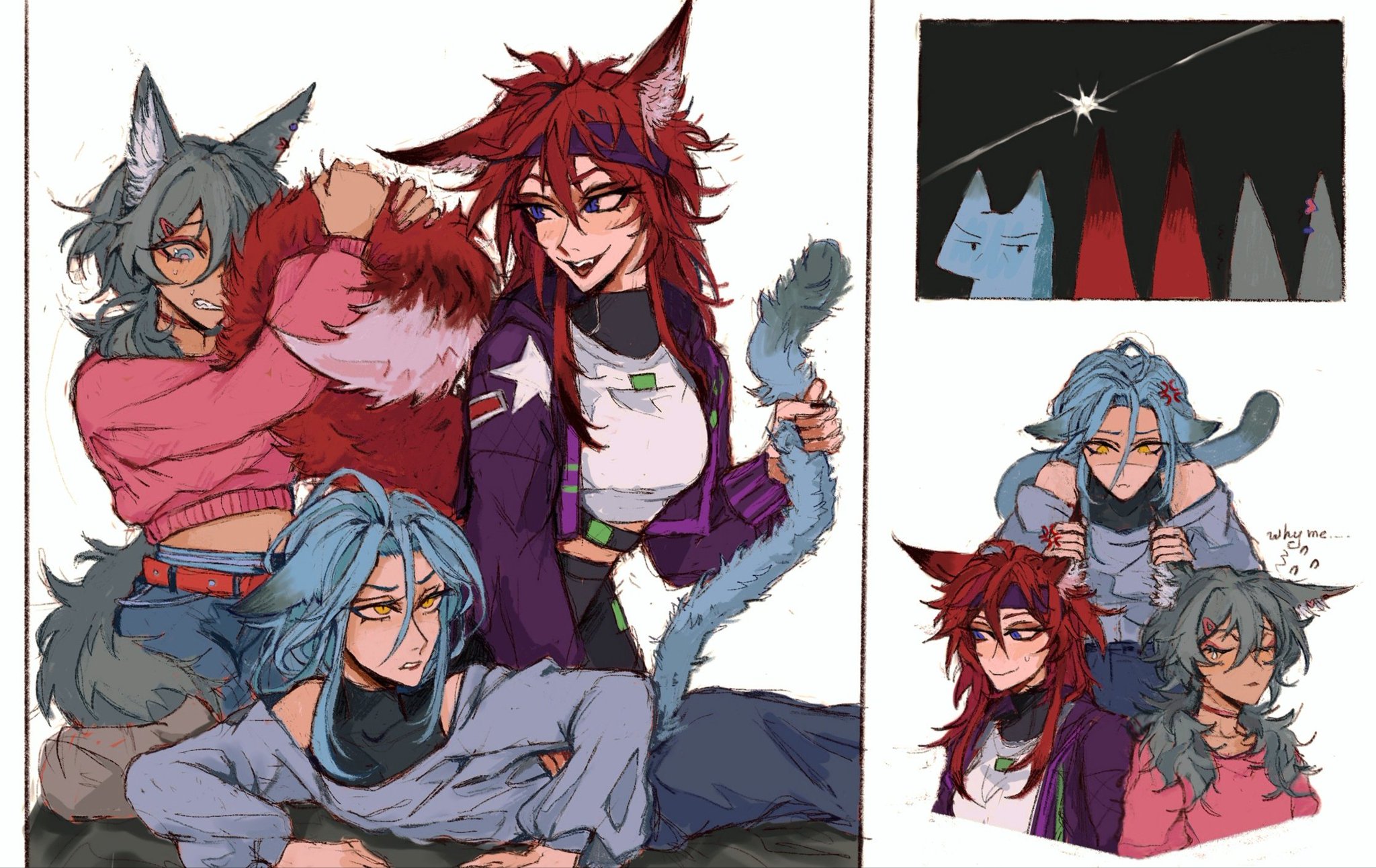 the image is a digital drawing/painting showcasing a group of animestyle characters with animal ears.  the main focus is on three girls with different colored hair and animal ears; one with red fox ears and hair, one with blue cat ears and hair, and another with gray wolf ears and hair. they appear to be in a friendly, possibly playful interaction. one is playfully pulling another's fur. to the right, a smaller image depicts the same characters in a different configuration, along with a smaller sketch of stylized cats. the art style is loose and expressive, prioritizing character design and atmosphere over strict realism. the overall mood is cheerful and lighthearted.