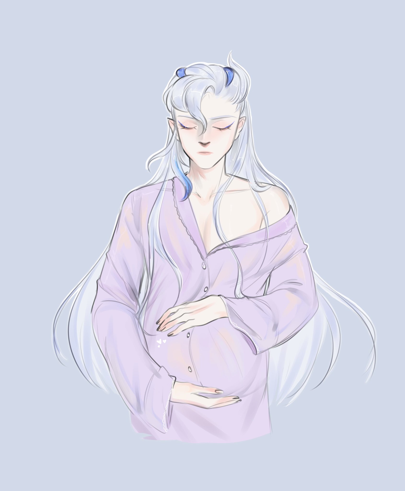 an illustration of an anime man with long white hair, blue eyes, and a purple shirt. he is pregnant and is cradling his baby bump.