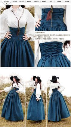 the image shows a collage of photos featuring a woman wearing a long, highwaisted blue skirt paired with a white blouse and a widebrimmed hat. the skirt has a wide waistband that cinches at the waist, and the blouse has long sleeves. the woman is posing in an outdoor setting. the top images show details of the skirt and blouse.