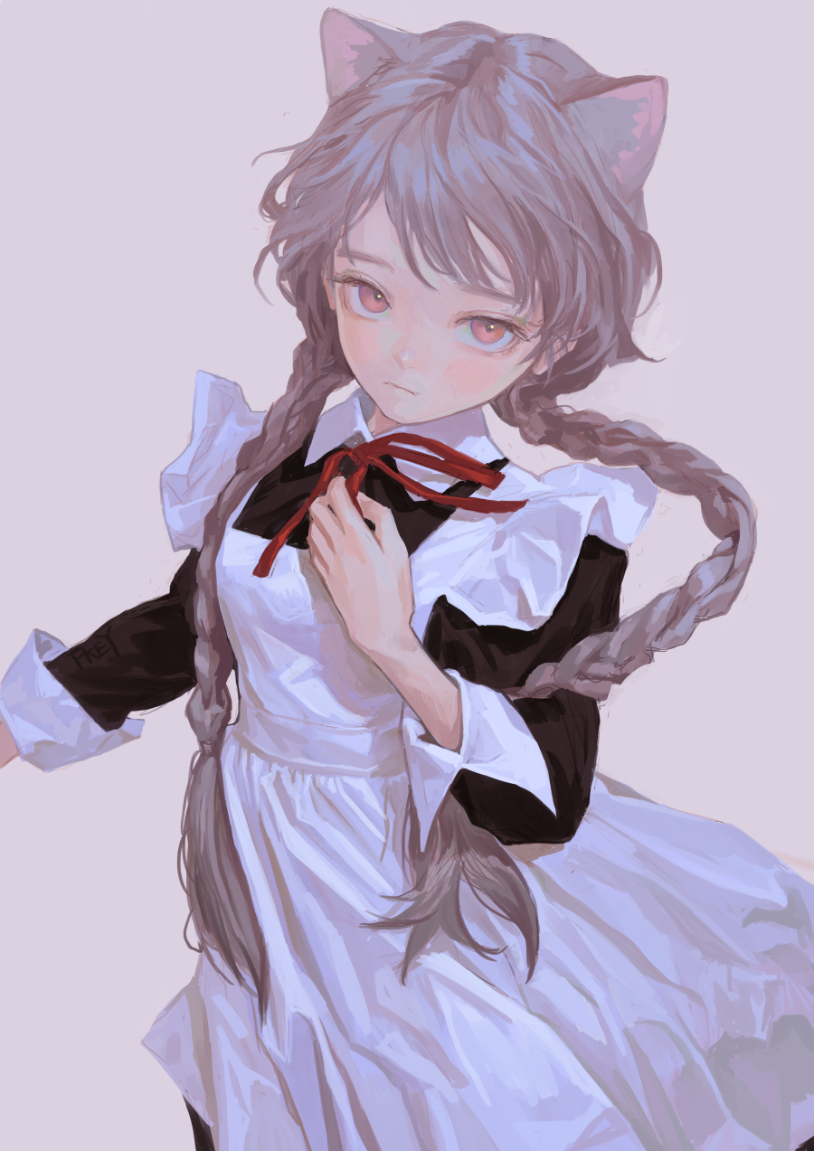 an animestyle illustration depicts a young girl dressed in a maid outfit with cat ears. she has grey hair styled in braids and pink eyes. a red ribbon is tied around the collar of her dress.