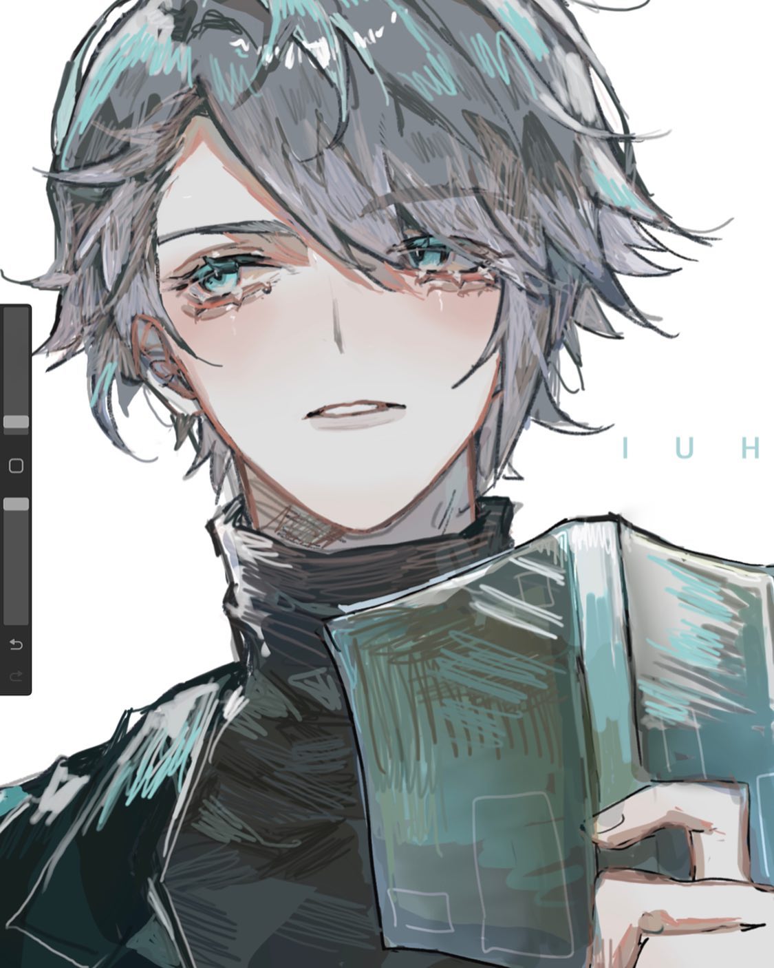 the image is a digital painting or drawing of an animestyle male character. he has long, slightly messy teal and gray hair, pale skin, and light blue eyes filled with tears.  he appears sad or upset. he's wearing a dark turtleneck and jacket. he's holding a teal/blue book or object close to his chest. the art style is soft and textured, with visible brushstrokes giving it a painterly feel.  a possible artist signature "iuh" is present in the background. the overall mood is melancholic and somewhat mysterious.
