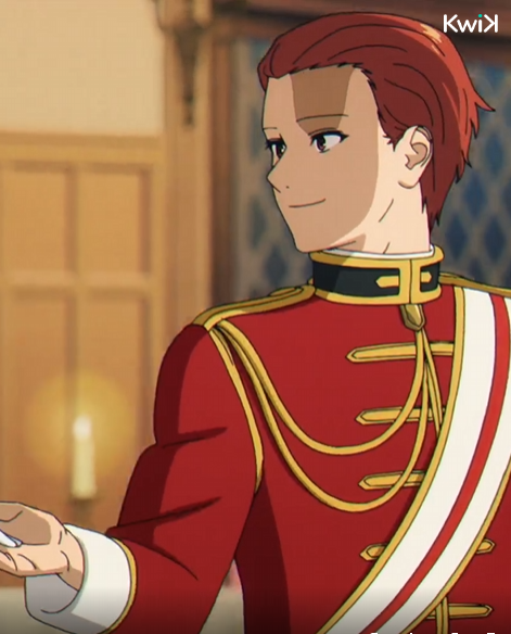 a young man with red hair, wearing a red military uniform with gold trim and details, is shown in profile. he is extending his hand in an offer. the background suggests he is in a grand hall with wood paneling and a lit candle.