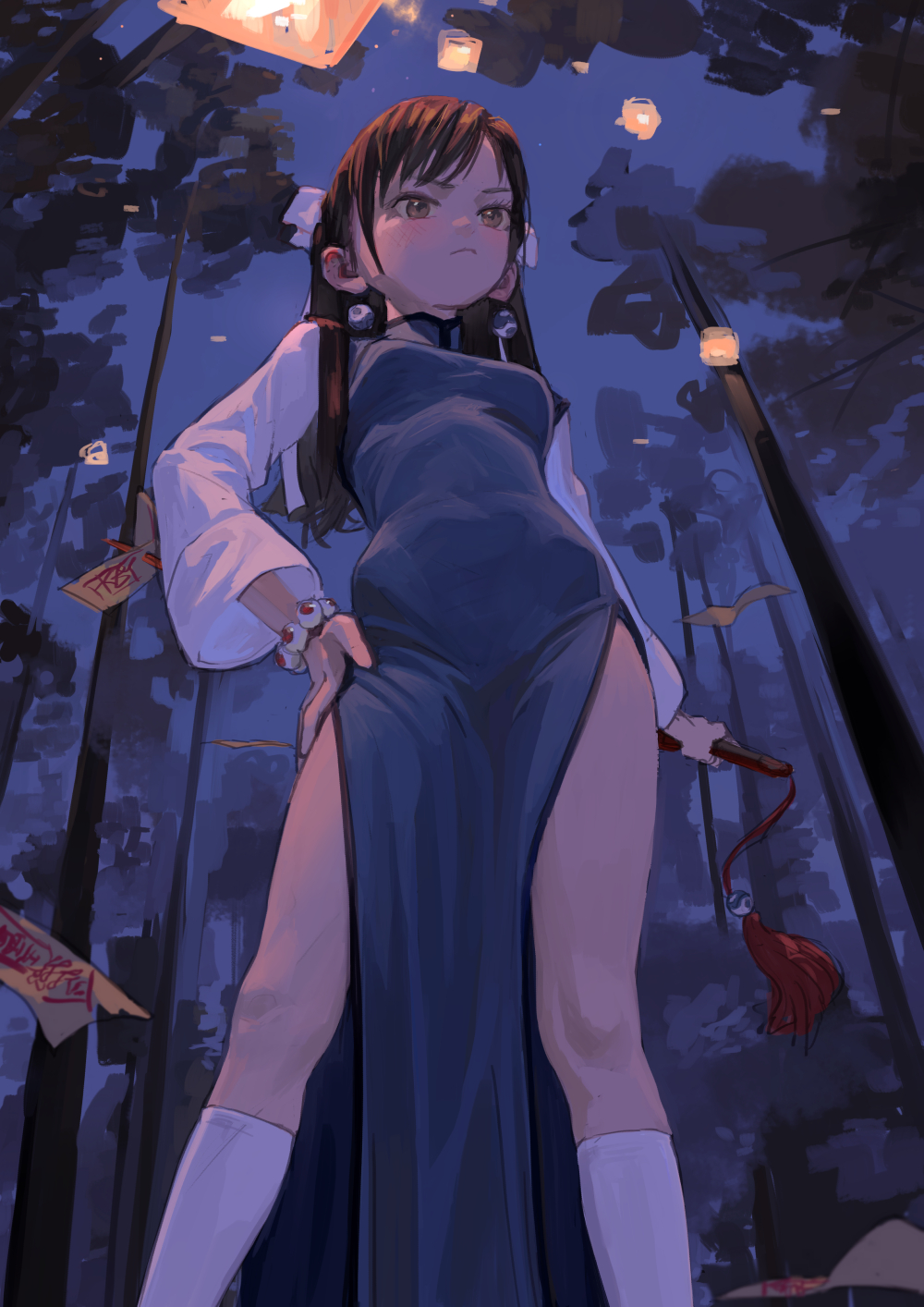 an anime girl wearing a cheongsam with slits stands at night holding a whip in her right hand under lanterns hanging from trees.
