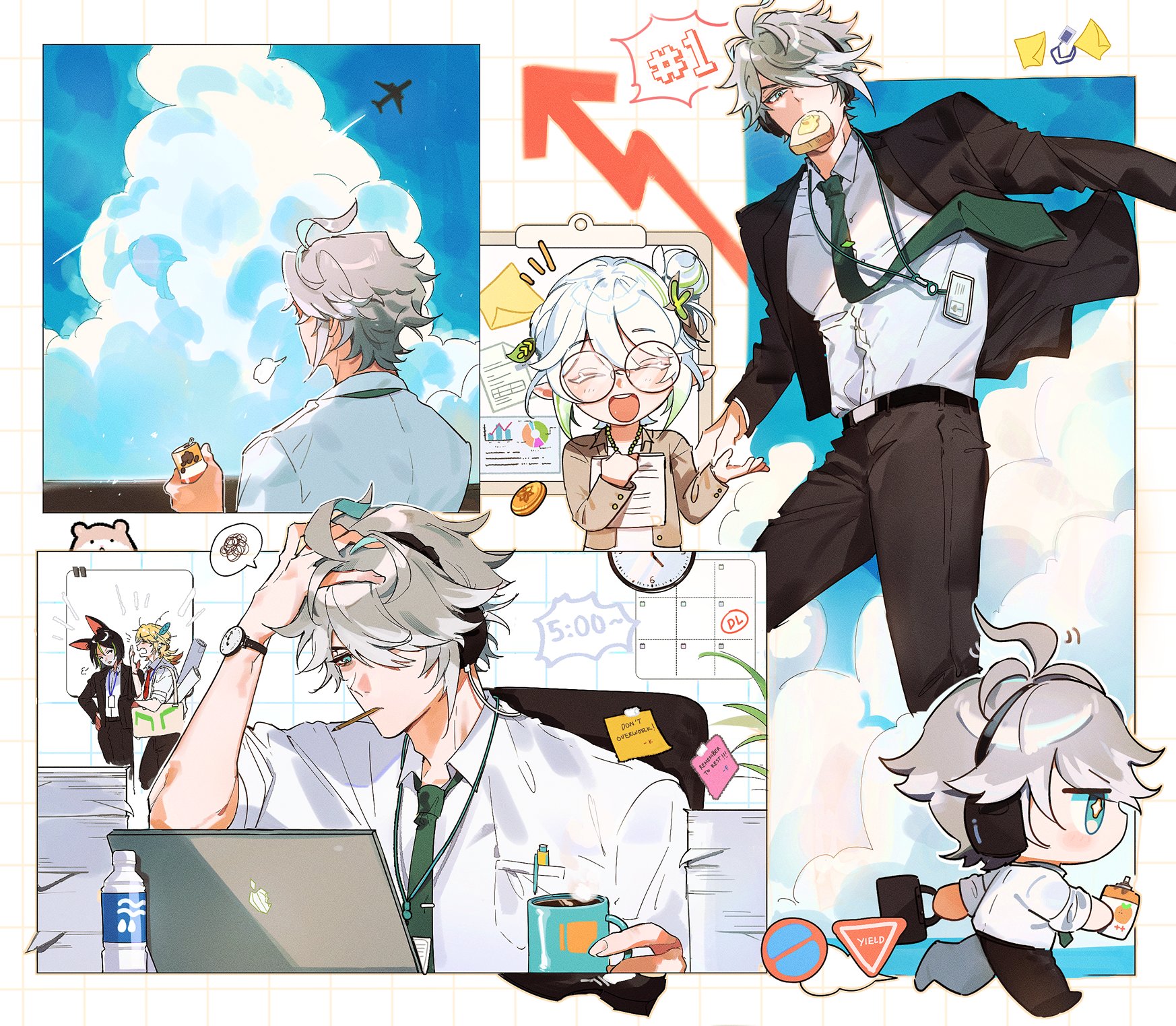 the image depicts a scene from an anime or manga, featuring several characters with white hair and wearing suits. one character, with a stressed expression, is sitting at a desk in an office, working on a computer. another character is standing in the background, smiling and holding a cup of coffee. in the upper left corner, a character is looking out a window at the sky, while in the upper right corner, a character is walking on clouds, with a red arrow pointing up. the image features many cute details, such as a small coffee mug, a cloud shaped like a heart, and a small character wearing headphones and carrying a lunchbox. overall, the image creates a lighthearted and humorous vibe, suggesting a workplace scenario with relatable struggles and moments of joy.
