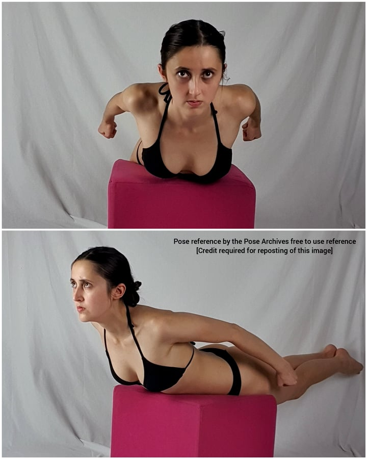 a woman in a black bikini is posing on a pink cube in two different positions. the top image shows her in a prone position, leaning on her hands with her fists clenched. the bottom image shows her in a side plank position, balancing on her left hand and the side of her left foot. the background is a white sheet, and the lighting is soft. the image includes text indicating that it is a pose reference from the pose archives, free to use with credit.