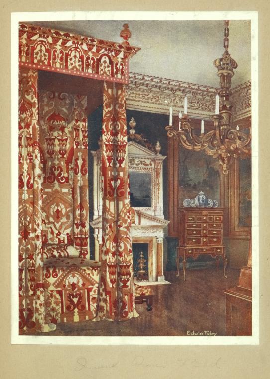 this image depicts a richly decorated bedroom interior. dominating the scene is a large canopy bed with ornate red and beige patterned curtains. behind the bed is a fireplace with a mirror above it. to the right of the fireplace is a chest of drawers. a chandelier hangs from the ceiling. the room appears to be from a historical period, reflecting a high level of wealth and artistic taste.