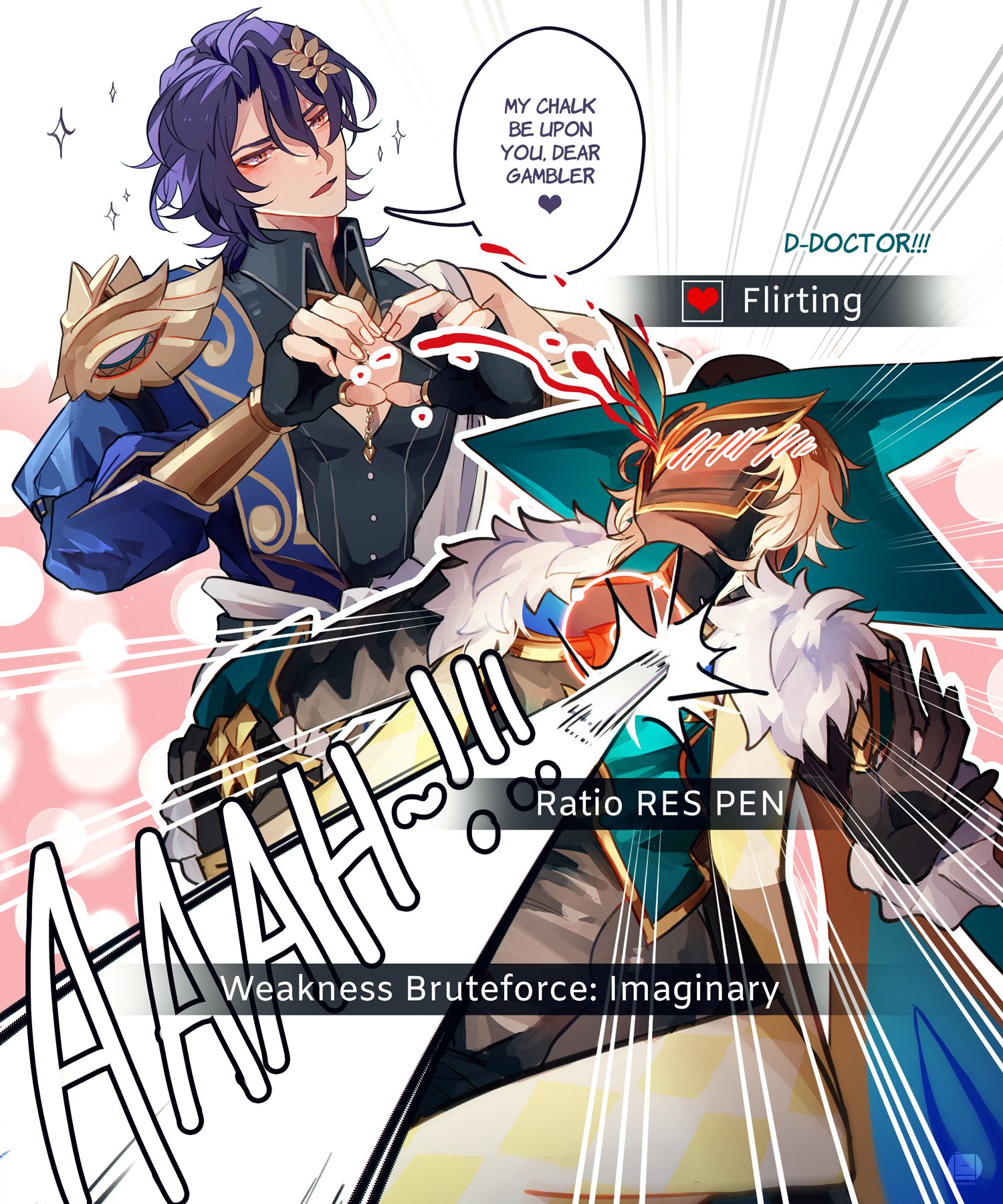 this is a comic panel from the anime game genshin impact, where the character itto is being attacked and hurt by albedo while albedo says, "my chalk be upon you, dear gambler". itto is in pain, but the panel suggests he's also a bit flustered by albedo's words. it's a playful and romantic moment between the characters. the art style is vibrant and dynamic, with a lot of action and movement. the panels are filled with color and detail, making it a visually engaging piece.