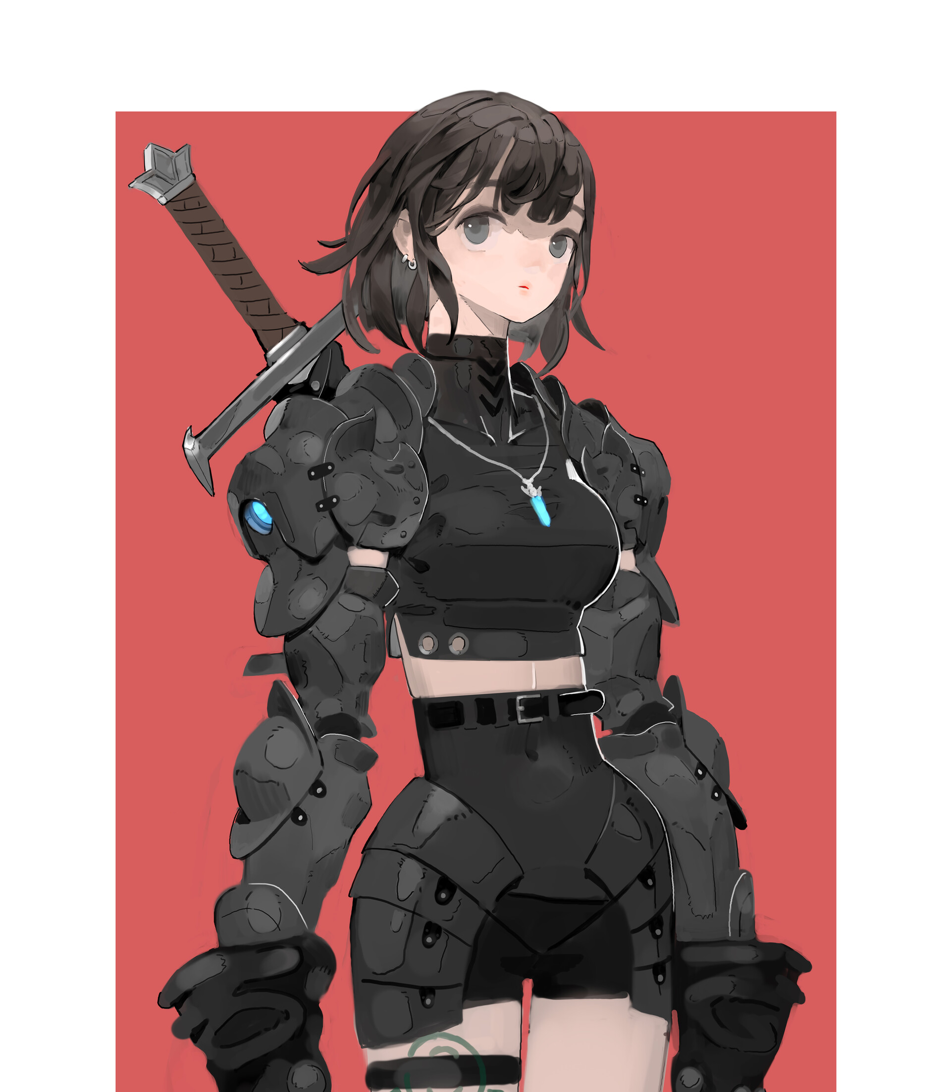 a digital illustration of an animestyle girl wearing black armor, a cropped top, and shorts. she has short brown hair and a necklace with a blue pendant. a sword is strapped across her back. the background is a solid red color.