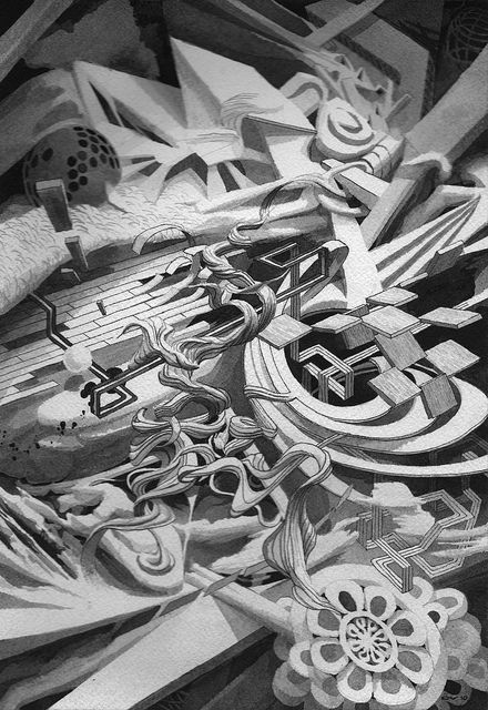 the image is a black and white abstract drawing composed of intricate and surreal forms. geometric shapes like squares and circles intertwine with organic, flowing lines that resemble vines or roots. the composition is dynamic and creates a sense of depth through the use of forced perspective.