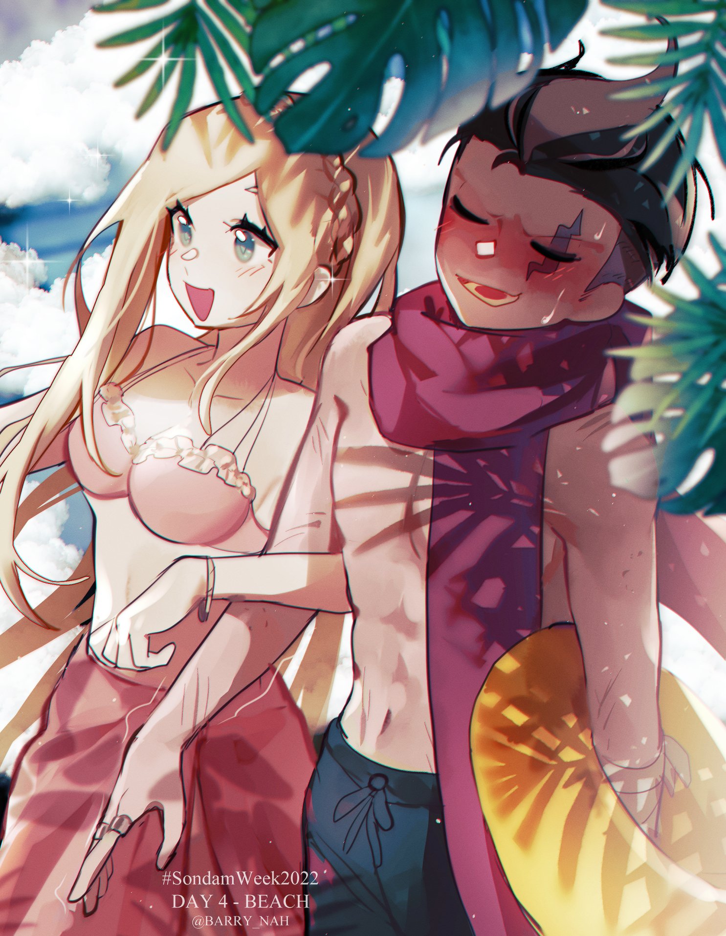 the illustration depicts an anime couple enjoying a sunny day at the beach. the female character is wearing a pink bikini and a pink skirt, while the male character wears blue swim trunks. they both have a happy expression, with the female character smiling and the male character blushing slightly. the background features a vibrant blue sky, white clouds, and a lush green palm tree. the couple is standing under the shadow of the palm tree, suggesting they are taking a break from the sun. the image is overall very cheerful and romantic, conveying a sense of summer fun and love.