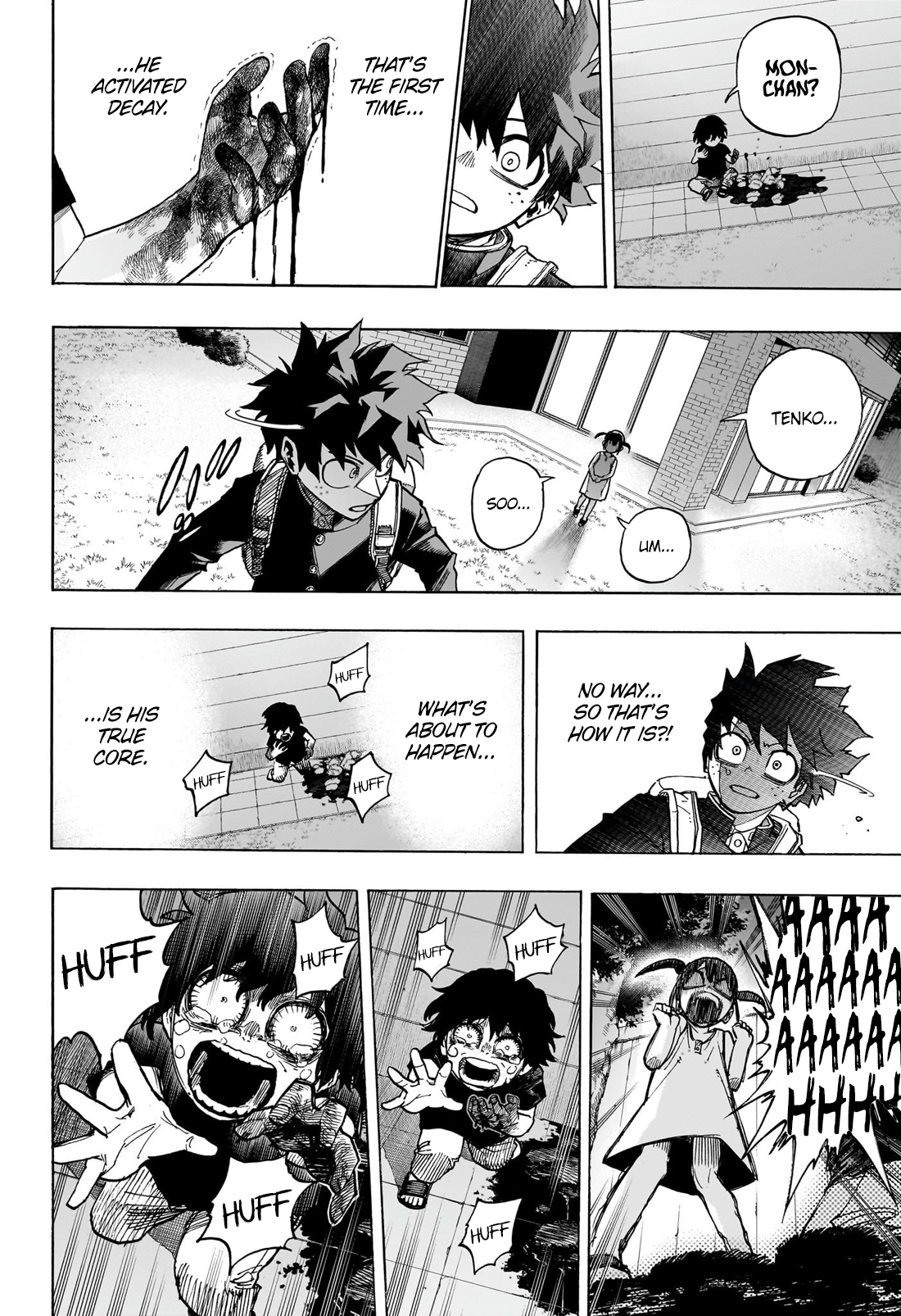 a black and white comic strip showing a boy with spiky hair in various stages of distress and concern. the comic strip also features a girl with long hair, who appears frightened. the dialogue suggests that the boy has activated a power called "decay" for the first time.